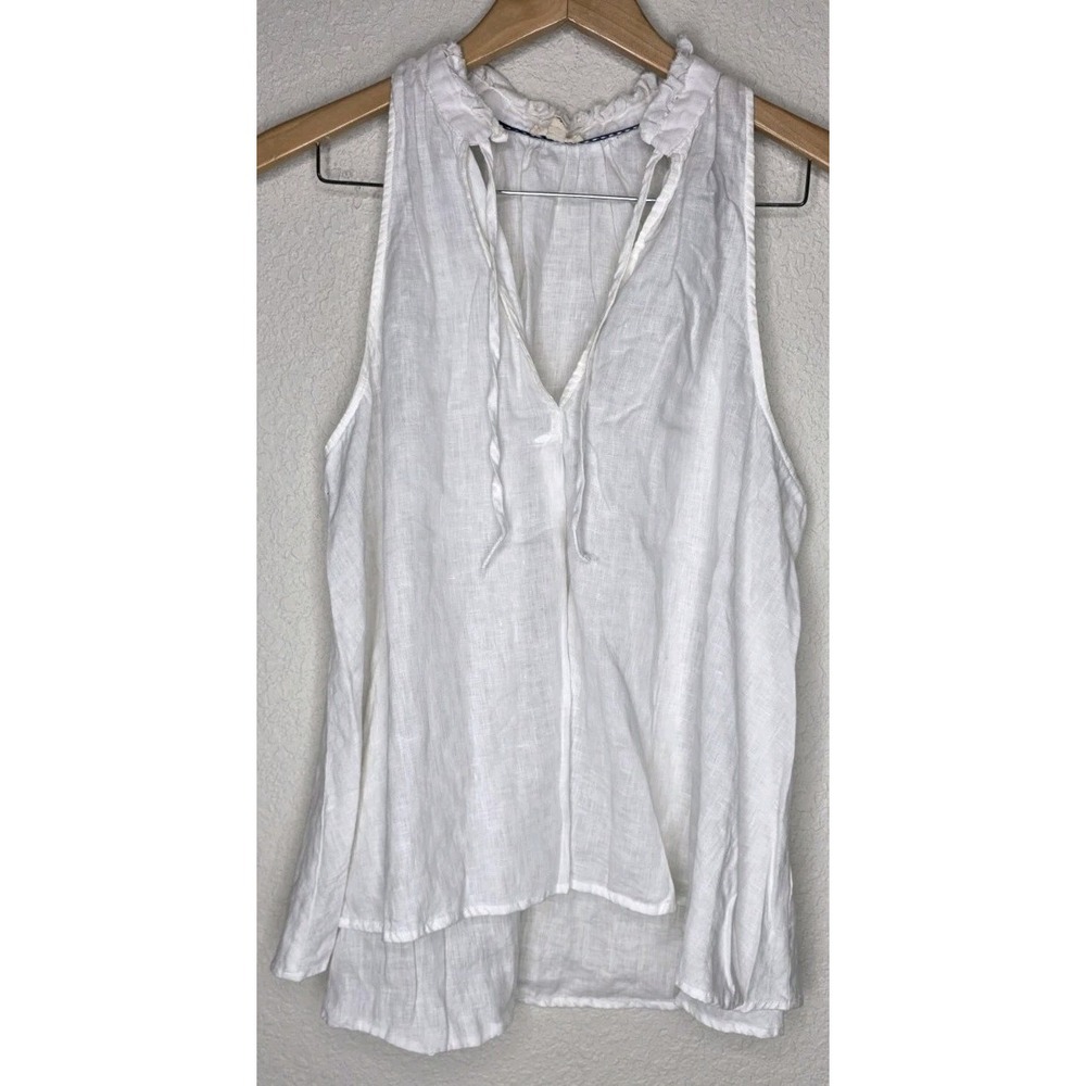 Pilcro Anthropologie Tavi Tank White Linen Swing Blouse Ruffle Coastal Cottage L